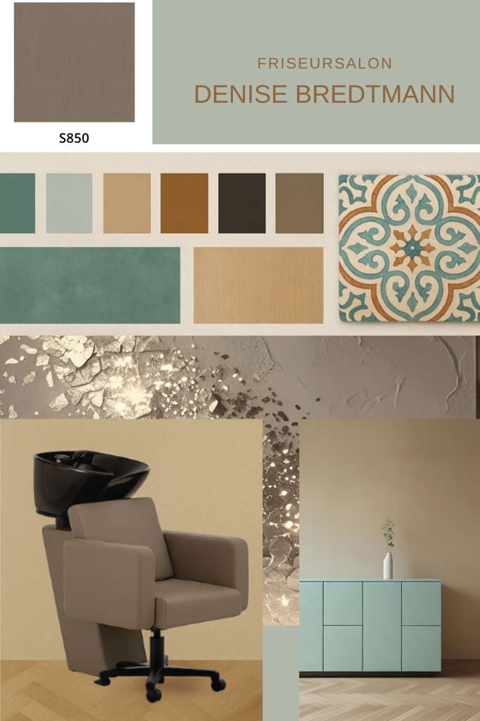 Moodboard in den Farben grün türkis, gold, beige, caramel
